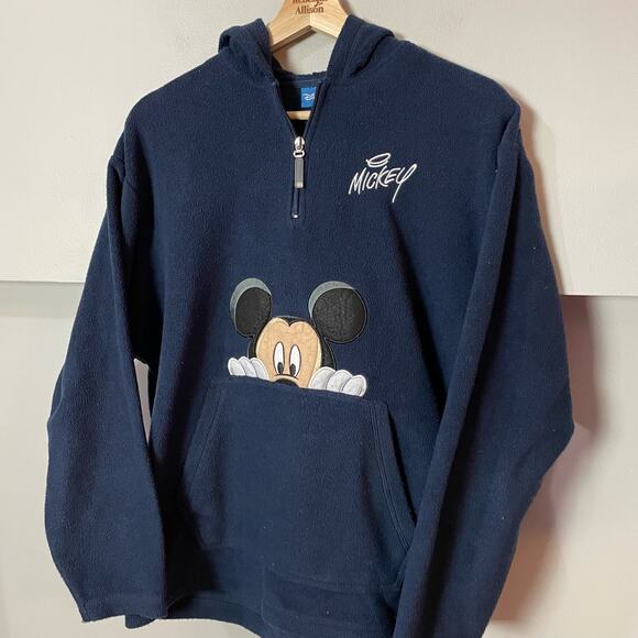 Disney VTG Mickey Mouse Fleece Zip Navy Hood Pullover Y2K Sweatshirt SZ Med EUC - Picture 2 of 7